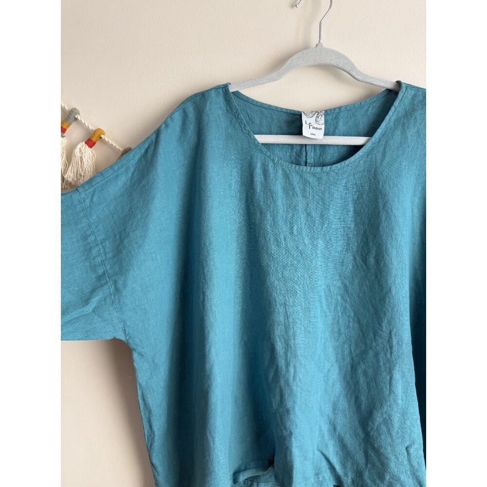 La Fixsun 100% Linen Asymmetric Half Sleeve Turquoise Top Lagenlook Coastal S - Picture 4 of 8